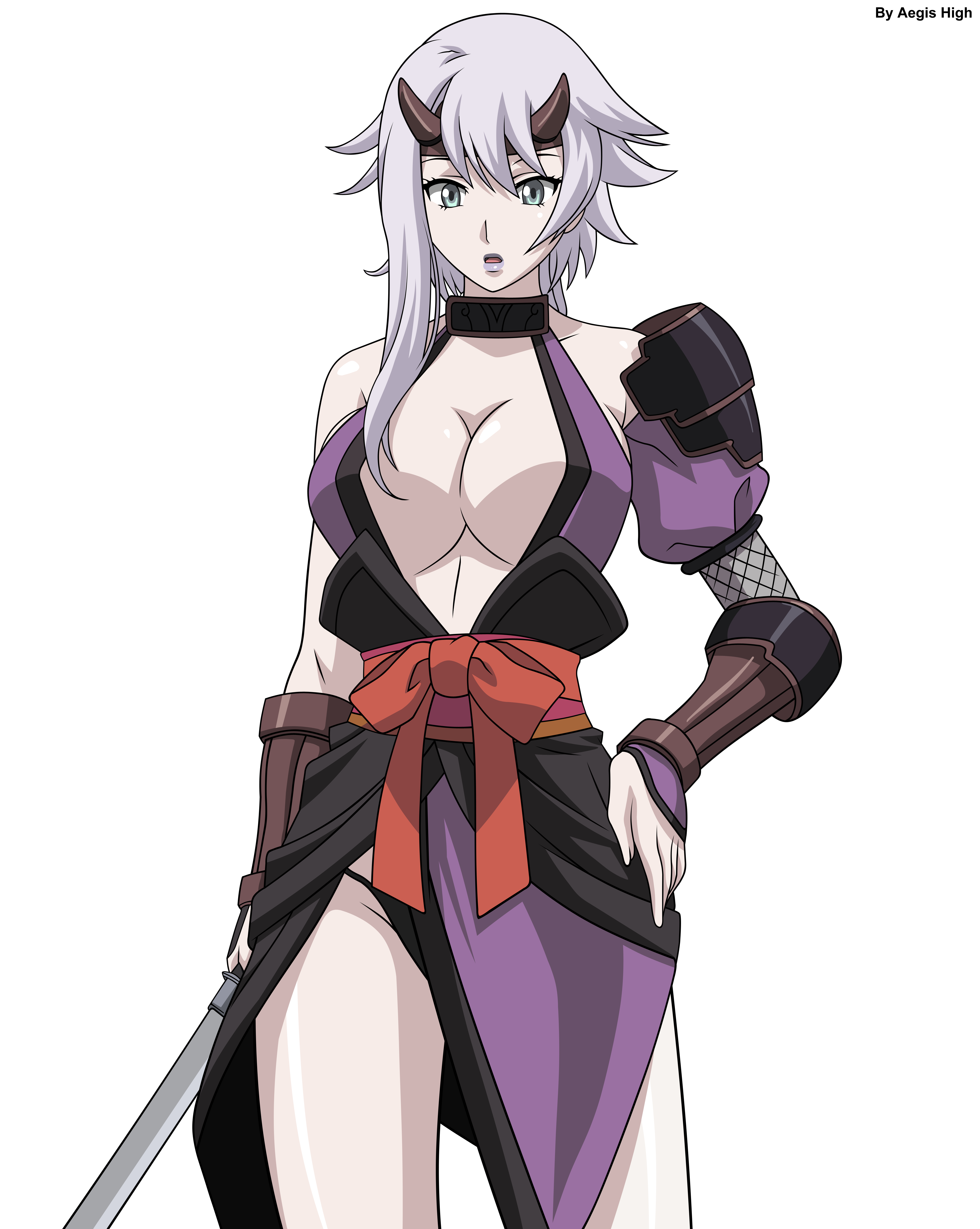 shizuka (queen's blade), queen's blade, silver hair, absurdres, anime screenshot, derivative work, highres, vector trace, 00s, black panties, breasts, cleavage, fake horns, gauntlets, horns, large breasts, lips, ninja, panties, sky, solo, sword, transparent background, underwear, weapon
