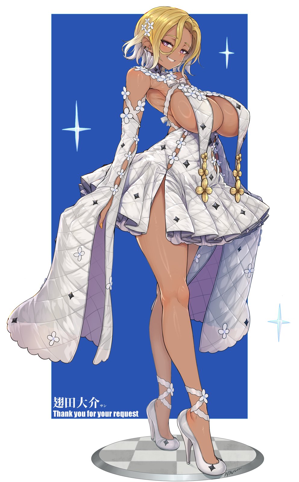 ayaki, original, commentary request, commission, highres, skeb commission, 1girl, blonde hair, breast curtains, breasts, checkered floor, dark-skinned female, dark skin, dress, earrings, flower, hair between eyes, hair flower, hair ornament, high heels, jewelry, large breasts, purple eyes, shoes, short hair, sleeves past fingers, sleeves past wrists, smile, solo, white dress, white flower, white shoes, white sleeves