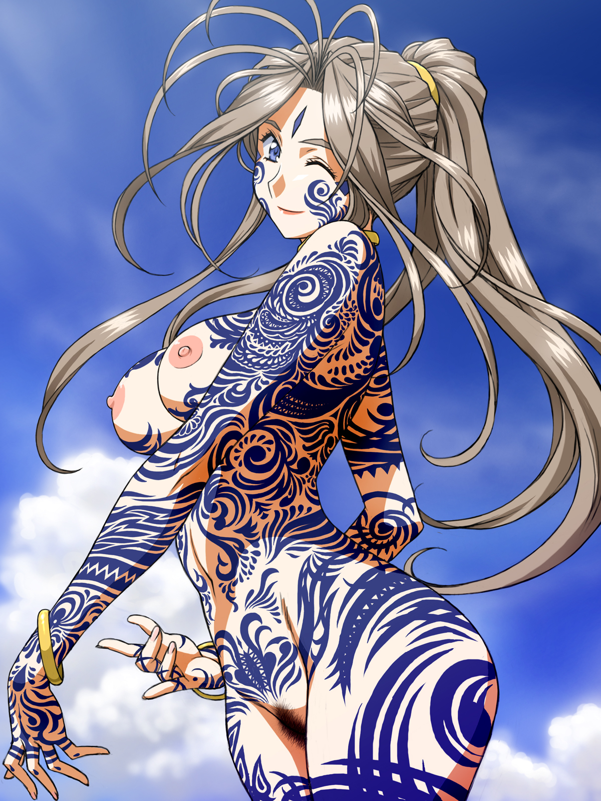 joy division, belldandy, aa megami-sama, highres, 1girl, blue eyes, bracelet, breasts, brown hair, curvy, day, facial mark, female focus, female pubic hair, forehead mark, full-body tattoo, jewelry, large breasts, lips, long hair, m/, nipples, nude, one eye closed, ponytail, pubic hair, sky, smile, solo, tattoo, wink