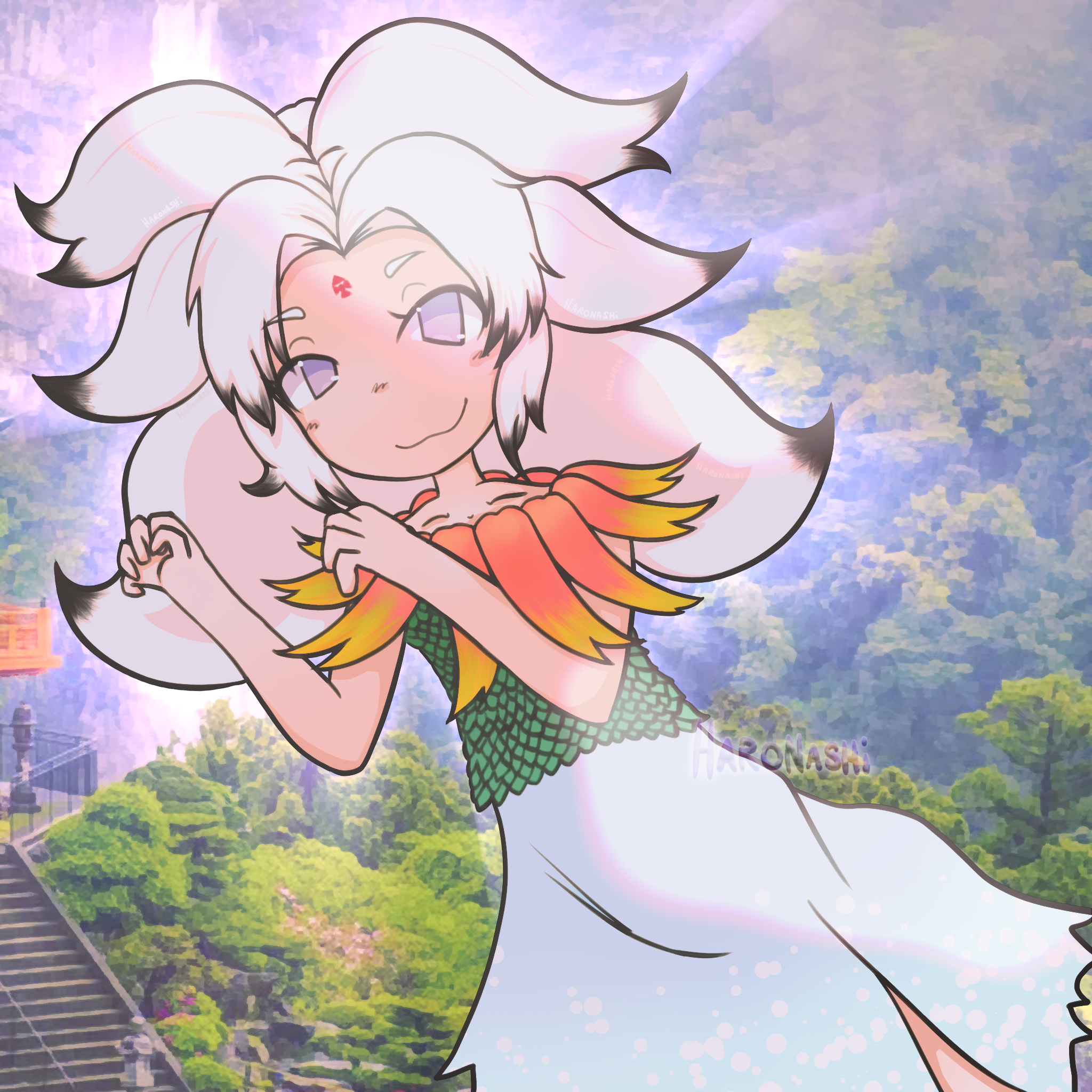 houjuu chimi, touhou, fluffy hair, highres, 1girl, blue skirt, blue sky, haronashi, leaf shirt, no nose, photo background, purple eyes, skirt, sky, white hair