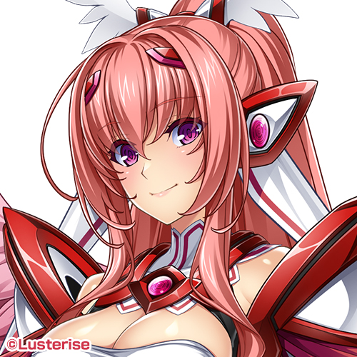 inoino, rieszverne suzette paladill, kouyoku senki exs-tia, lowres, official art, 1girl, armor, artist name, bare shoulders, breasts, celestia paladin, chest jewel, cleavage, closed mouth, company name, hair between eyes, hair ornament, headgear, large breasts, long hair, looking at viewer, magical girl, pink hair, ponytail, purple eyes, shoulder armor, simple background, smile, solo, transparent background, upper body, white background, wings