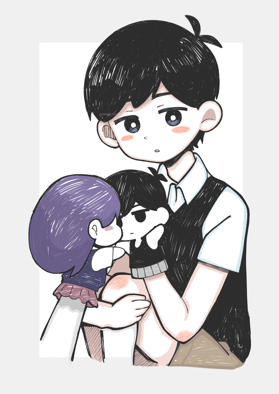 shirotsume 143, mari (headspace) (omori), mari (omori), omori (omori), sunny (omori), omori, commentary request, highres, 2boys, antenna hair, black eyes, black hair, black sweater vest, blush, bright pupils, brown shorts, closed mouth, collared shirt, colored skin, double-parted bangs, dual persona, hair between eyes, hand puppet, knees up, male focus, multiple boys, puppet, shirt, short hair, short sleeves, shorts, sitting, sweater vest, white pupils, white shirt, white skin