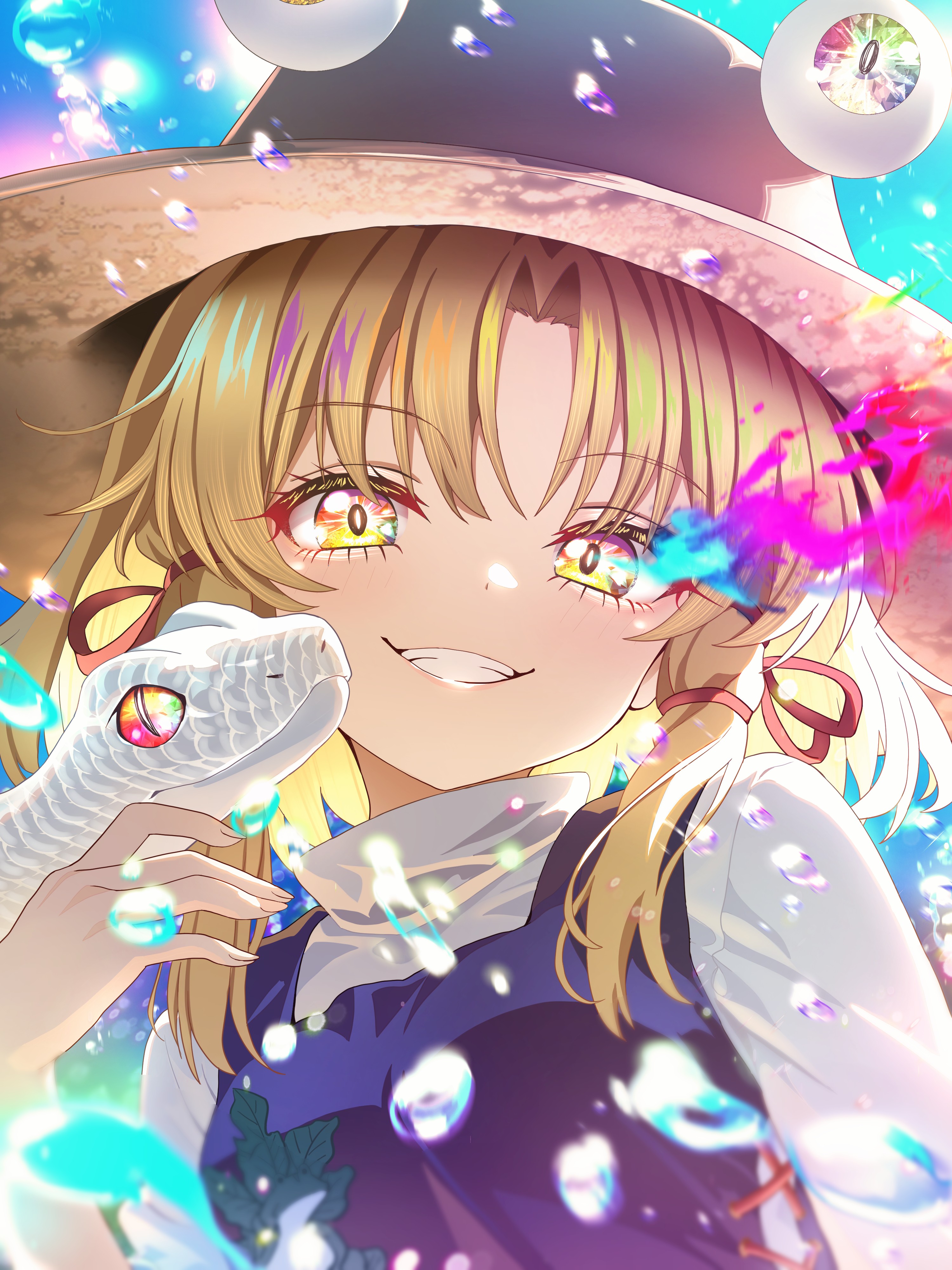 torikaze785, moriya suwako, pyonta, touhou, absurdres, commentary request, highres, 1girl, blonde hair, breasts, fingernails, flaming eye, grin, hat, looking at viewer, medium hair, portrait, purple vest, shirt, sidelocks, small breasts, smile, snake, solo, vest, water drop, white shirt, yellow eyes