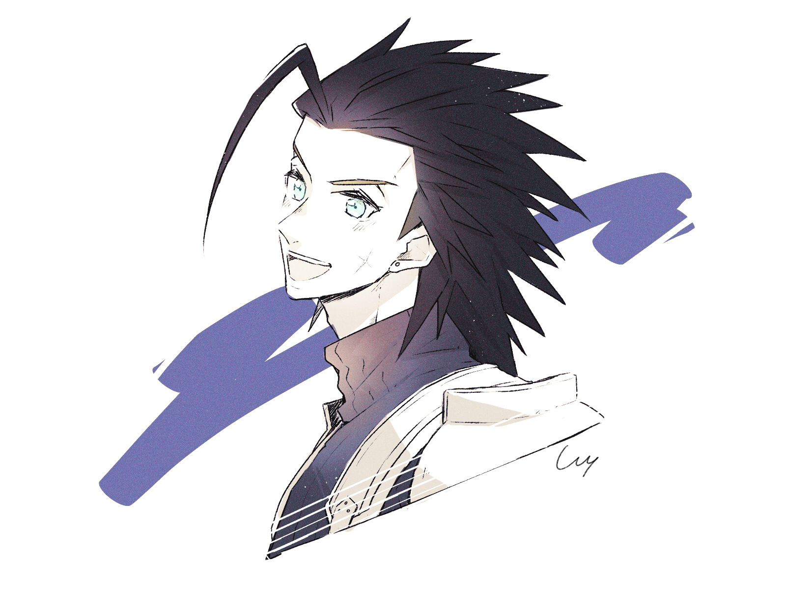 sin 3794, zack fair, crisis core: final fantasy vii, final fantasy, final fantasy vii, commentary request, highres, 1boy, armor, black hair, blue eyes, blue sweater, cropped torso, cross scar, earrings, facial scar, hair slicked back, jewelry, looking at viewer, male focus, open mouth, ribbed sweater, scar, scar on cheek, scar on face, shoulder armor, signature, sleeveless, sleeveless turtleneck, solo, spiked hair, stud earrings, suspenders, sweater, turtleneck, turtleneck sweater, upper body, white background