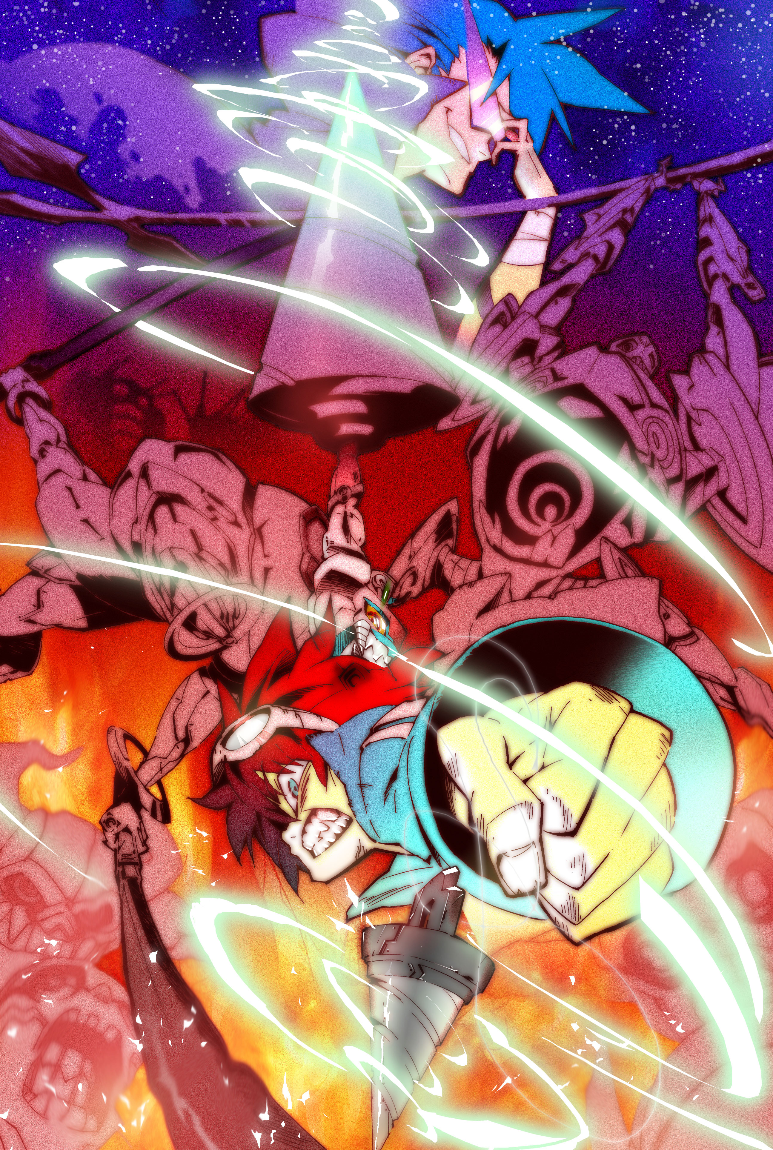 hino tomoyuki, gurren-lagann, kamina (ttgl), simon (ttgl), tengen toppa gurren lagann, absurdres, bad id, bad pixiv id, highres, 00s, 2boys, blue hair, clenched hand, drill, gradient background, kamina shades, male focus, mecha, multiple boys, outdoors, robot, sky, sunglasses, triangular eyewear