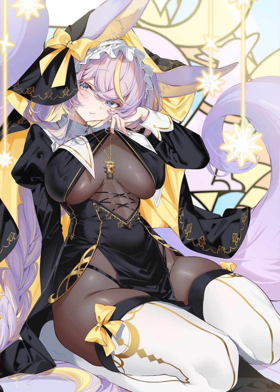 indie virtual youtuber, artist request, commentary request, highres, 1girl, animal ear fluff, animal ears, black dress, blonde hair, bodystocking, bow, breasts, dress, jewelry, kneeling, large breasts, long braid, multicolored hair, nagoya namo, necklace, nun, purple hair, solo, streaked hair, tail, thighhighs, virtual youtuber, white thighhighs, yellow bow