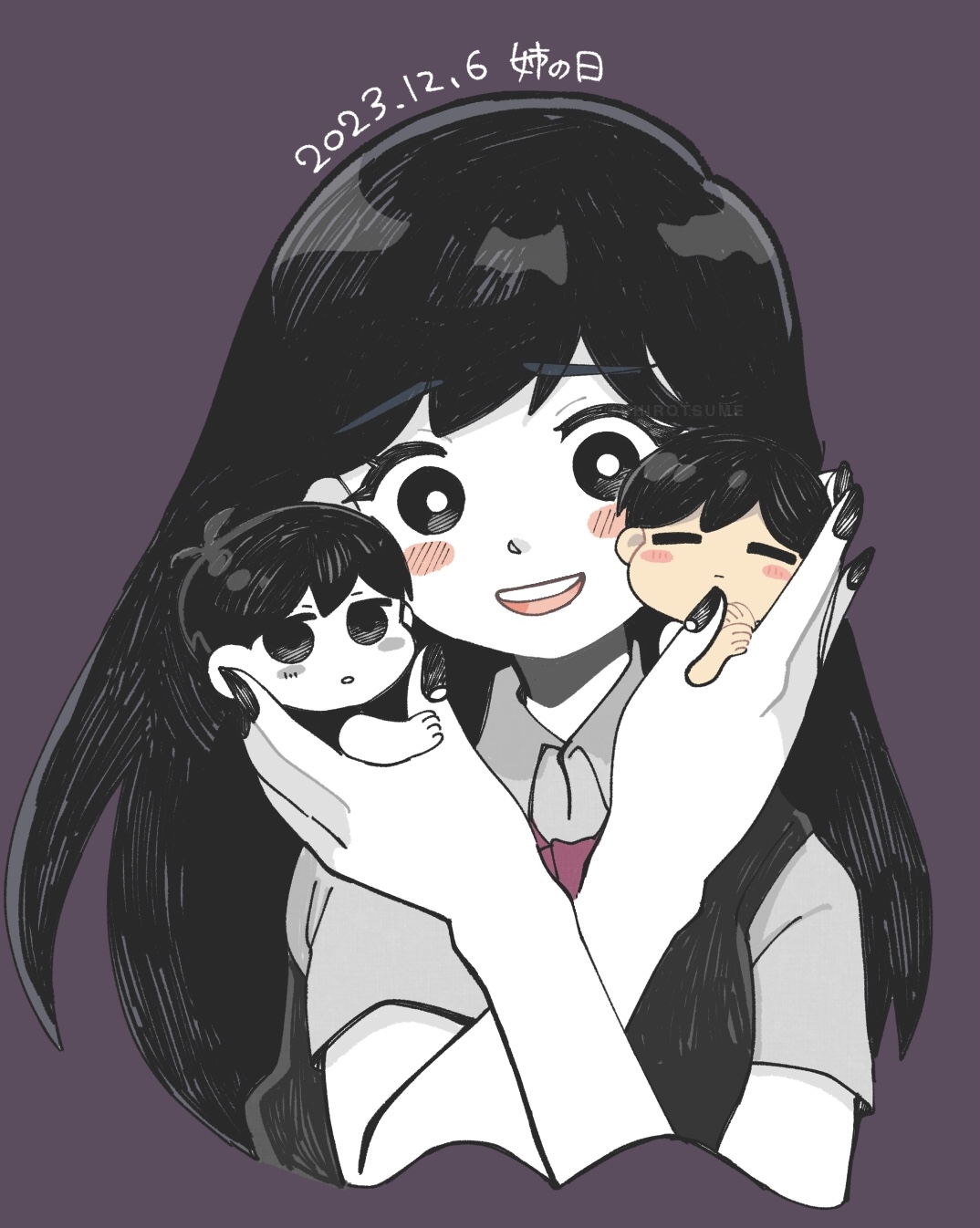 shirotsume 143, mari (headspace) (omori), mari (omori), omori (omori), sunny (omori), omori, commentary request, highres, translation request, 1girl, 2boys, alternate eye color, alternate hair color, antenna hair, black eyes, black hair, black nails, black sweater vest, blush, bright pupils, brother and sister, closed eyes, closed mouth, collared shirt, colored skin, crossed arms, dated, double-parted bangs, hair between eyes, long hair, mini person, miniboy, multiple boys, neckerchief, open mouth, parted lips, purple background, red neckerchief, shirt, short hair, short sleeves, siblings, simple background, smile, sweater vest, white pupils, white shirt, white skin