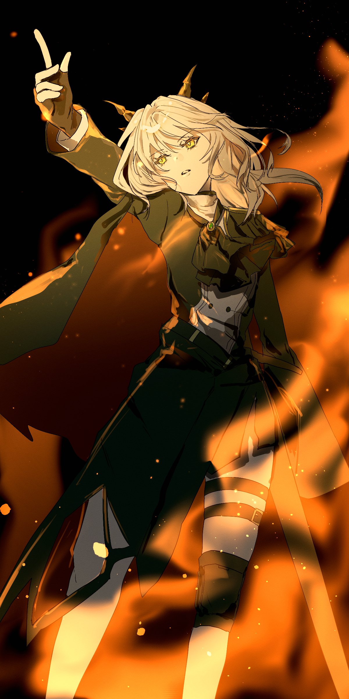 talulah (arknights), arknights, absurdres, commentary, highres, 1girl, arm at side, armband, ascot, belt, black ascot, black background, black belt, black cape, black gloves, black jacket, black skirt, buttons, cape, double-breasted, dragon girl, dragon horns, epaulettes, feet out of frame, fingerless gloves, fire, gloves, grey hair, hair between eyes, horns, index finger raised, jacket, knee guards, long hair, long sleeves, looking up, multicolored jacket, n2i (n2i illust), orange armband, orange eyes, outstretched arm, parted lips, red cape, scabbard, sheath, sheathed, shirt, skirt, solo, standing, thigh belt, thigh strap, torn clothes, torn skirt, two-sided cape, two-sided fabric, two-tone jacket, weapon, white jacket, white shirt