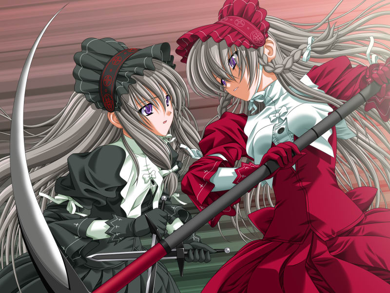 saitou natsuki, coola, ririkusu, kourin tenshi en ciel rena, triangle (company), game cg, 2girls, braid, dagger, dress, dual wielding, fighting, gloves, gothic lolita, grey hair, hairband, holding, knife, lolita fashion, lolita hairband, long hair, multiple girls, polearm, purple eyes, ribbon, scythe, siblings, twintails, weapon