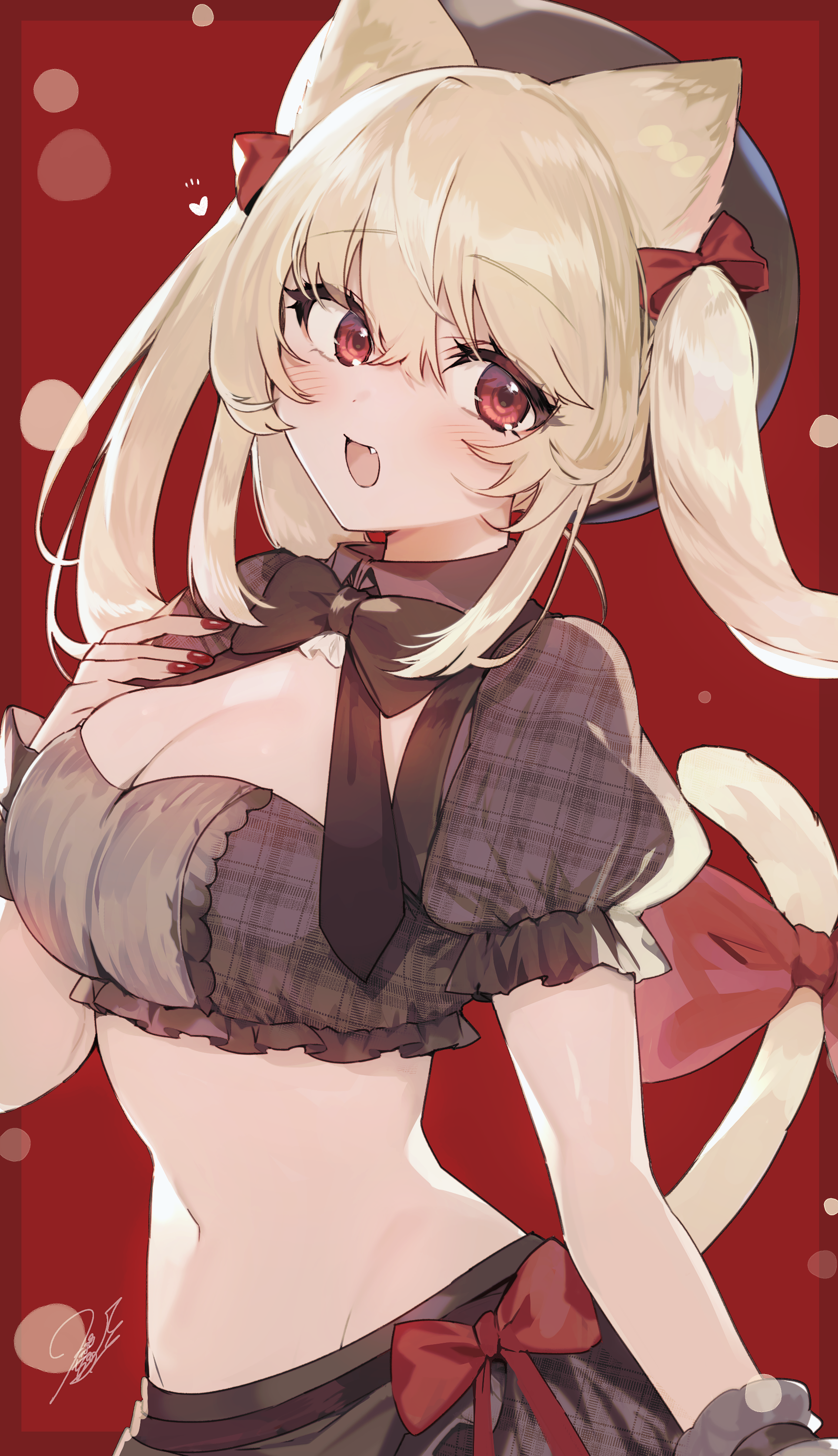 nanase chiori, original, absurdres, commentary request, highres, 1girl, :d, animal ears, black bow, black bowtie, blonde hair, blush, bow, bowtie, breasts, brown hat, brown skirt, cat ears, cat girl, cat tail, cleavage, cleavage cutout, clothing cutout, crop top, fang, frills, hair ribbon, hand on own chest, hat, heart, large breasts, long hair, midriff, nail polish, navel, open mouth, puffy short sleeves, puffy sleeves, red background, red bow, red eyes, red nails, red ribbon, ribbon, short sleeves, signature, simple background, skirt, smile, solo, tail, tail bow, tail ornament, twintails, wrist cuffs