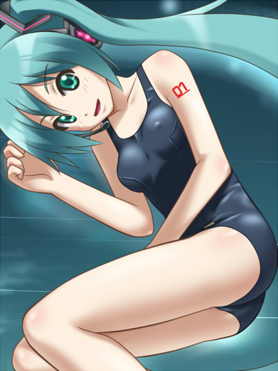 awa, hatsune miku, project diva, project diva (series), vocaloid, 1girl, female focus, green eyes, green hair, long hair, lying, matching hair/eyes, on side, one-piece swimsuit, school swimsuit, solo, swimsuit, twintails