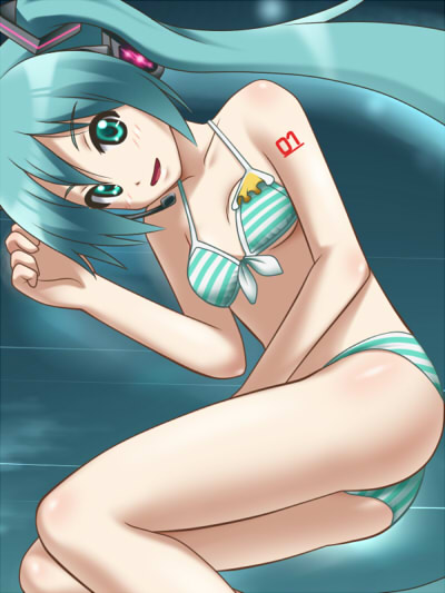 awa, hatsune miku, project diva, project diva (series), vocaloid, 1girl, bikini, female focus, lying, on side, solo, striped bikini, striped clothes, swimsuit