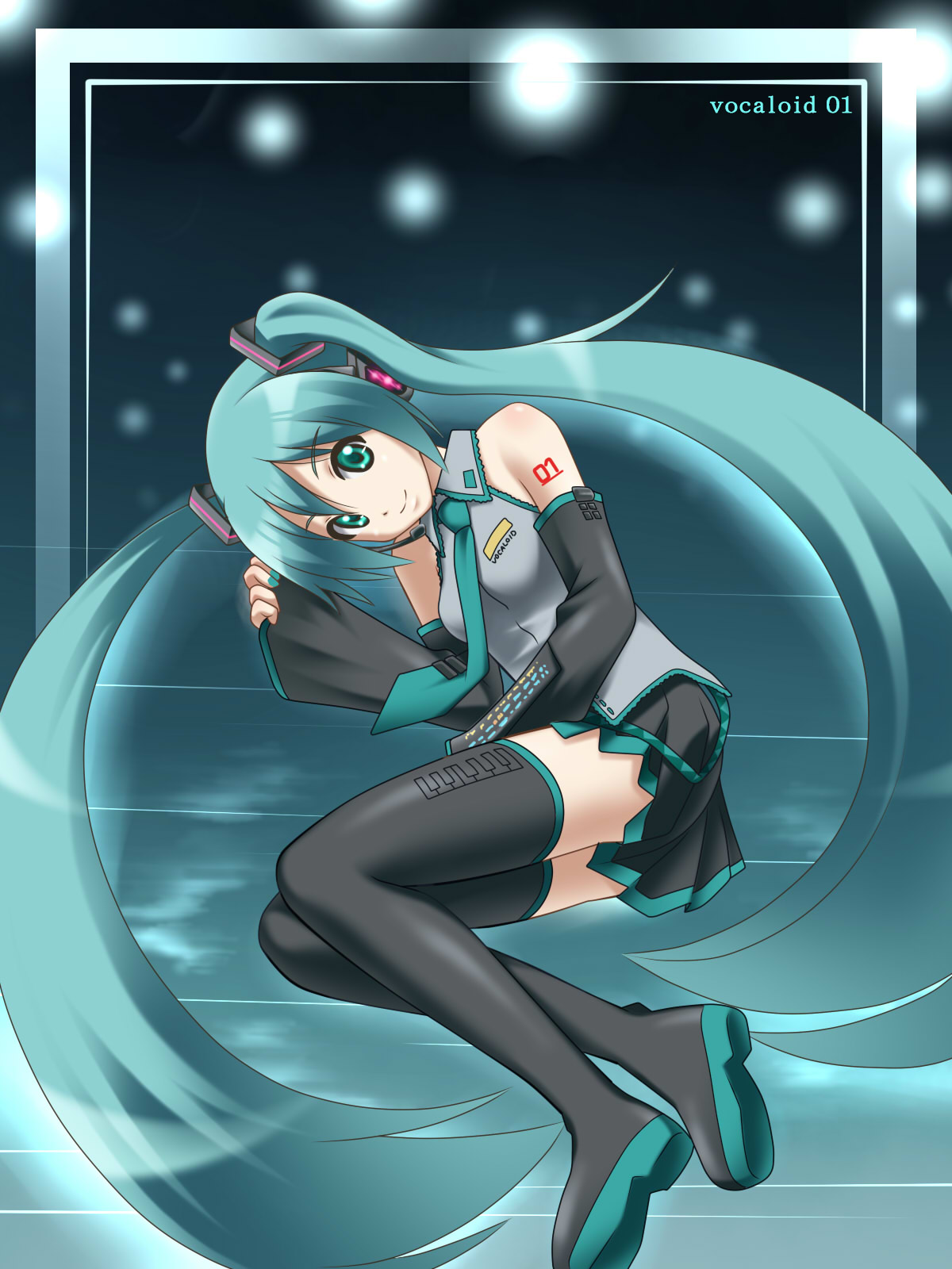 awa, hatsune miku, vocaloid, highres, 1girl, female focus, legs, long hair, lying, on side, solo, thighhighs, twintails, very long hair, zettai ryouiki