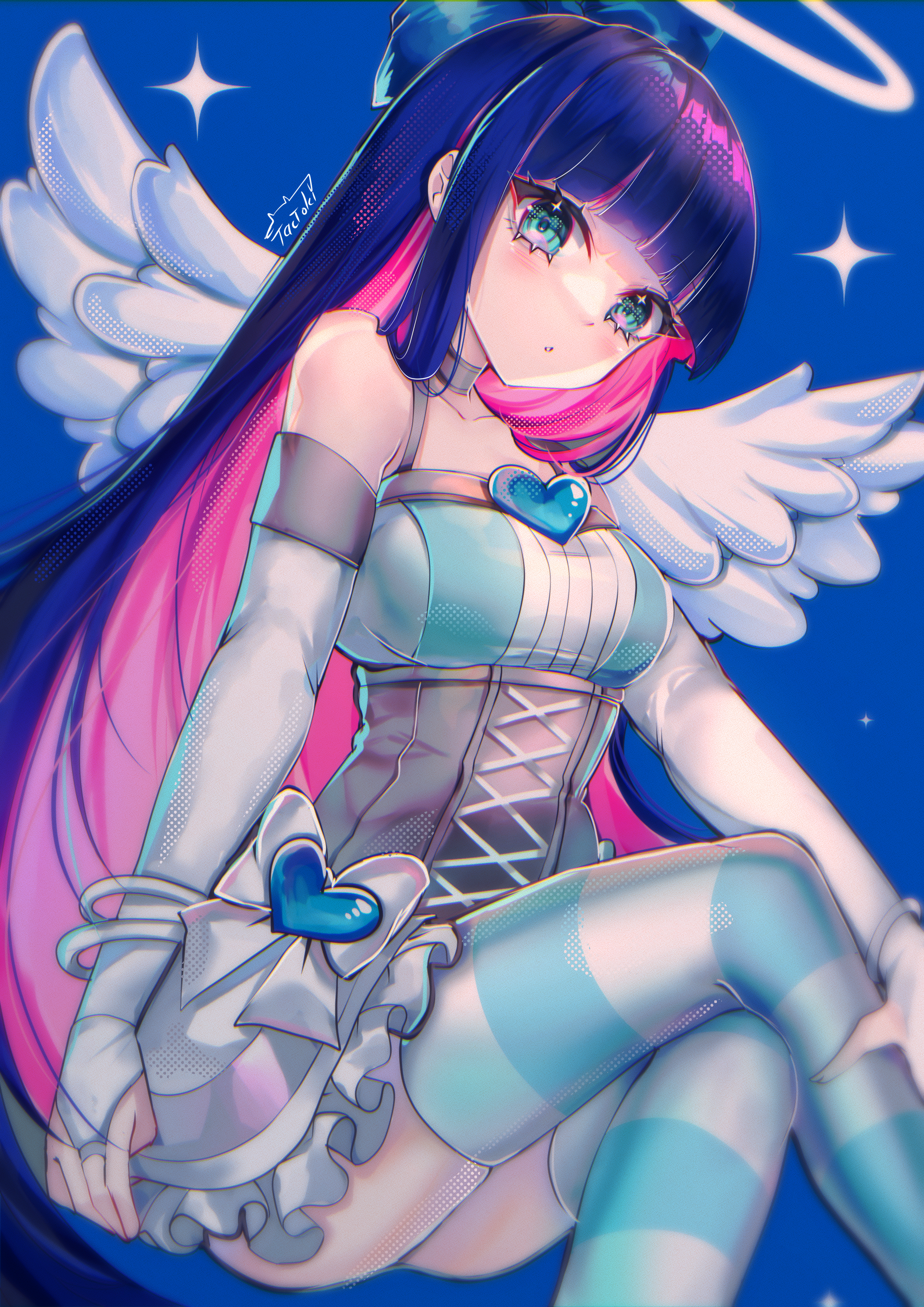tactoki, stocking (psg), panty & stocking with garterbelt, absurdres, commentary, english commentary, highres, 1girl, angel, angel wings, blue background, blue eyes, blue hair, blunt bangs, bow, breasts, choker, colored inner hair, dress, gothic lolita, hair bow, halo, heart ornament, large breasts, lolita fashion, long hair, looking at viewer, multicolored hair, pink hair, purple hair, simple background, solo, star (symbol), striped clothes, striped leggings, striped thighhighs, thighhighs, traditional halo, two-tone hair, wings
