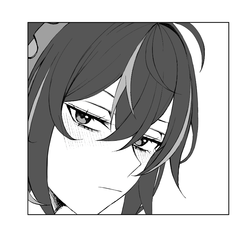 joji nyudo, zhu yuan, zenless zone zero, commentary request, 1girl, blush, closed mouth, greyscale, hair between eyes, hairband, half-closed eyes, looking at viewer, monochrome, multicolored hair, portrait, simple background, solo, streaked hair, white background