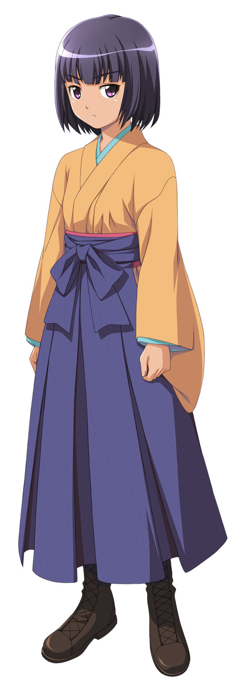 ishigaki tamaki, taishou yakyuu musume, highres, 00s, 1girl, blue hakama, blunt bangs, bob cut, female focus, hakama, hakama skirt, japanese clothes, purple eyes, purple hair, short hair, skirt, solo, standing