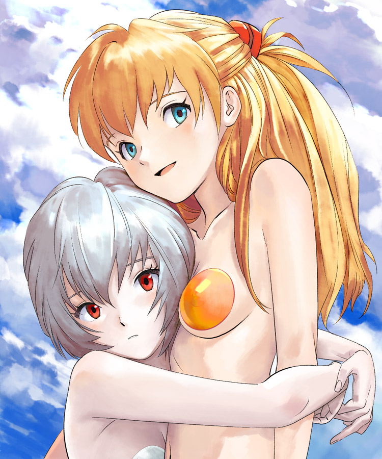 ammi, kawasemi, ayanami rei, souryuu asuka langley, neon genesis evangelion, silver hair, bad id, bad pixiv id, 2girls, blonde hair, breasts, cloud, day, hug, multiple girls, nipples, pasties, red eyes, sky, small breasts, topless female
