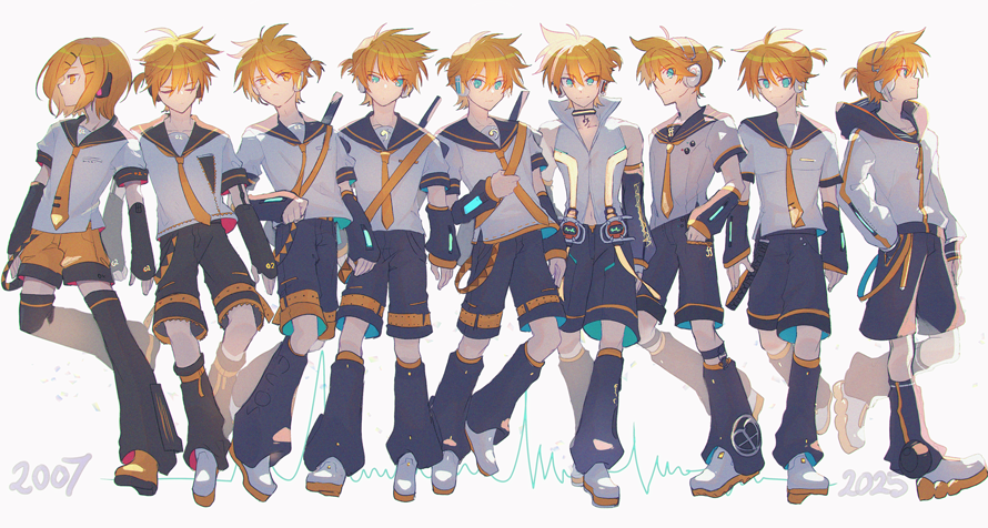 hikusa, kagamine len, kagamine len (append), kagamine len (if), kagamine len (nt), kagamine len (sp), kagamine len (vocaloid4), vocaloid, vocaloid append, 6+boys, ahoge, androgynous, aqua eyes, bass clef, belt, black arm warmers, black hood, black leg warmers, black shorts, black sleeves, blonde hair, choker, closed eyes, detached sleeves, hair ornament, hairclip, hand in pocket, headphones, headset, hood, hoodie, instrument, instrument on back, kagamine len (act1), keytar, leg warmers, looking at viewer, multiple boys, multiple persona, necktie, neon trim, orange belt, ponytail, progression, sailor collar, shirt, shoes, short hair, short ponytail, short sleeves, shorts, smile, sneakers, spiked hair, straight hair, swept bangs, treble clef, two-tone hoodie, white hoodie, yellow necktie, yellow shoes, yellow shorts