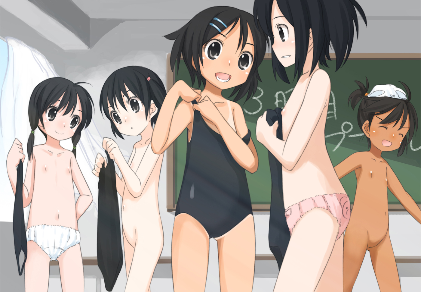 shouji ayumu, original, 5girls, black hair, blush, chalkboard, changing, changing clothes, classroom, dark-skinned female, dark skin, dressing, flat chest, hair ornament, hairclip, loli, multiple girls, no pussy, nude, object on head, one-piece swimsuit, one-piece tan, panties, panties on head, pussy, school, school swimsuit, short hair, smile, swimsuit, tan, tanline, thigh gap, twintails, underwear, undressing