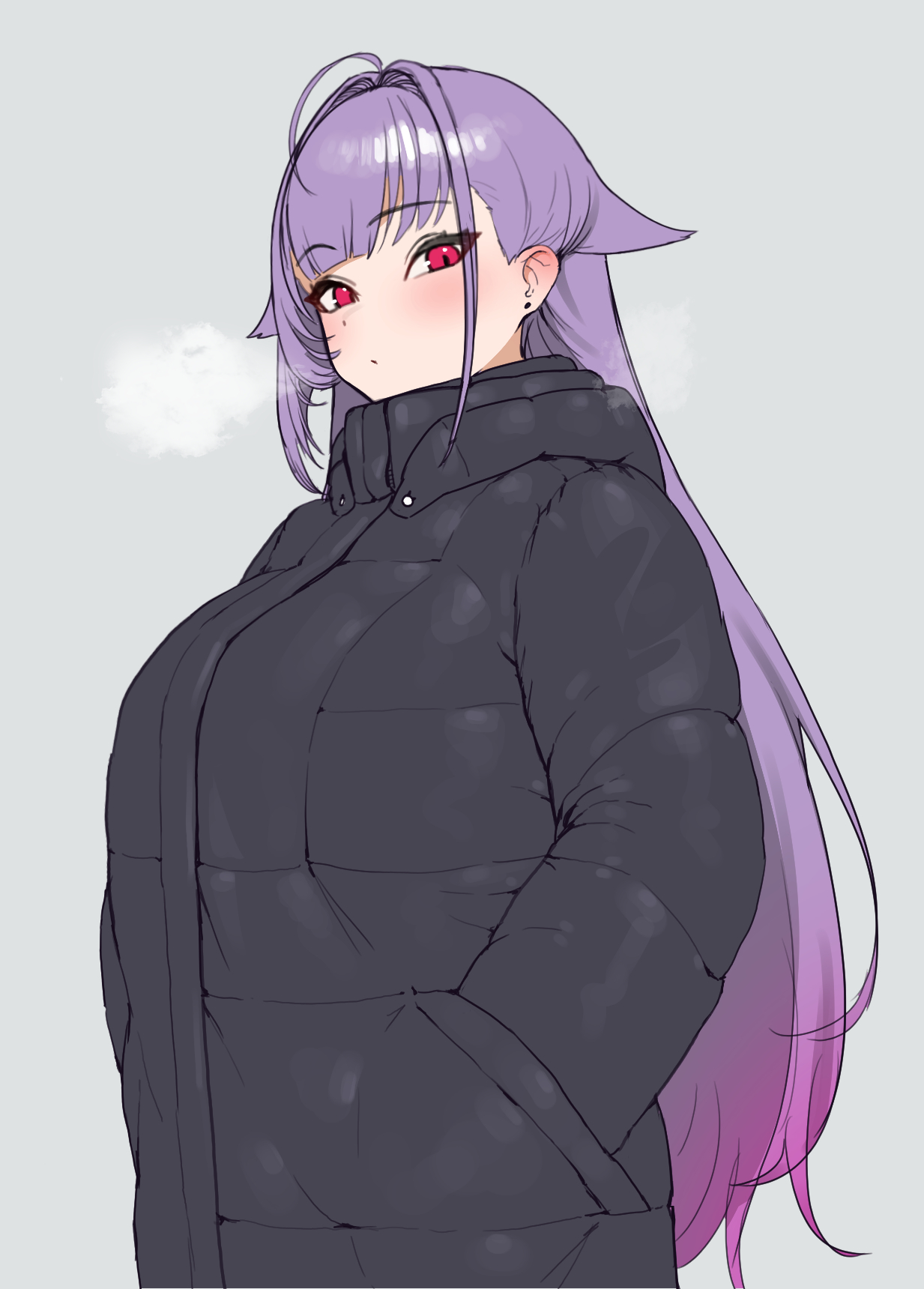 gim aenggo, indie virtual youtuber, commentary request, highres, korean commentary, 1girl, ahoge, alternate costume, black coat, blunt bangs, closed mouth, coat, earrings, gradient hair, grey background, hair flaps, hands in pockets, jewelry, k hara17 d, long hair, long sleeves, looking at viewer, multicolored hair, padded coat, purple hair, red eyes, simple background, solo, upper body, virtual youtuber, winter clothes, winter coat