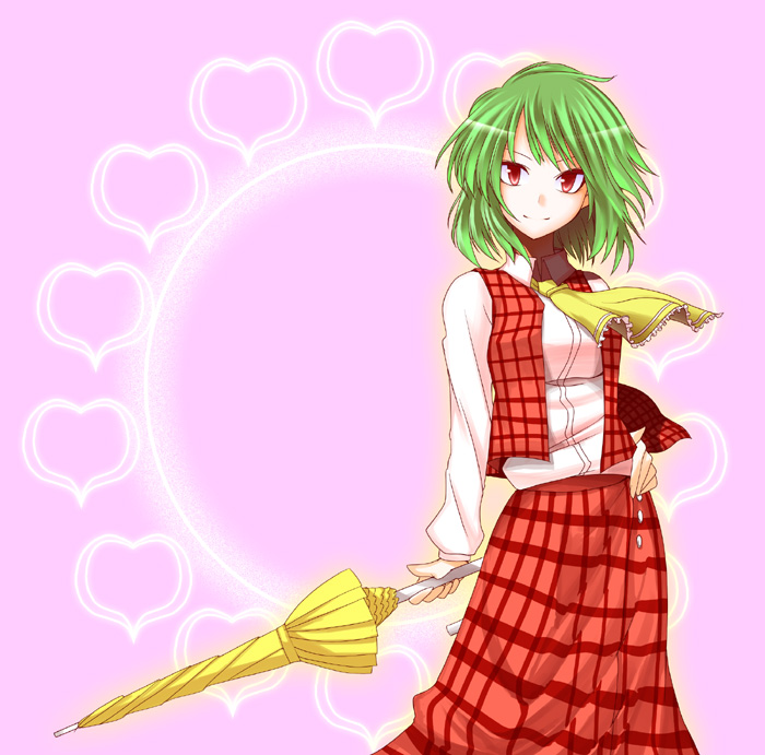 hane (hanegoya), kazami yuuka, touhou, 1girl, ascot, closed umbrella, female focus, green hair, hand on own hip, hip focus, plaid clothes, plaid skirt, plaid vest, red eyes, short hair, skirt, skirt set, smile, solo, umbrella, vest
