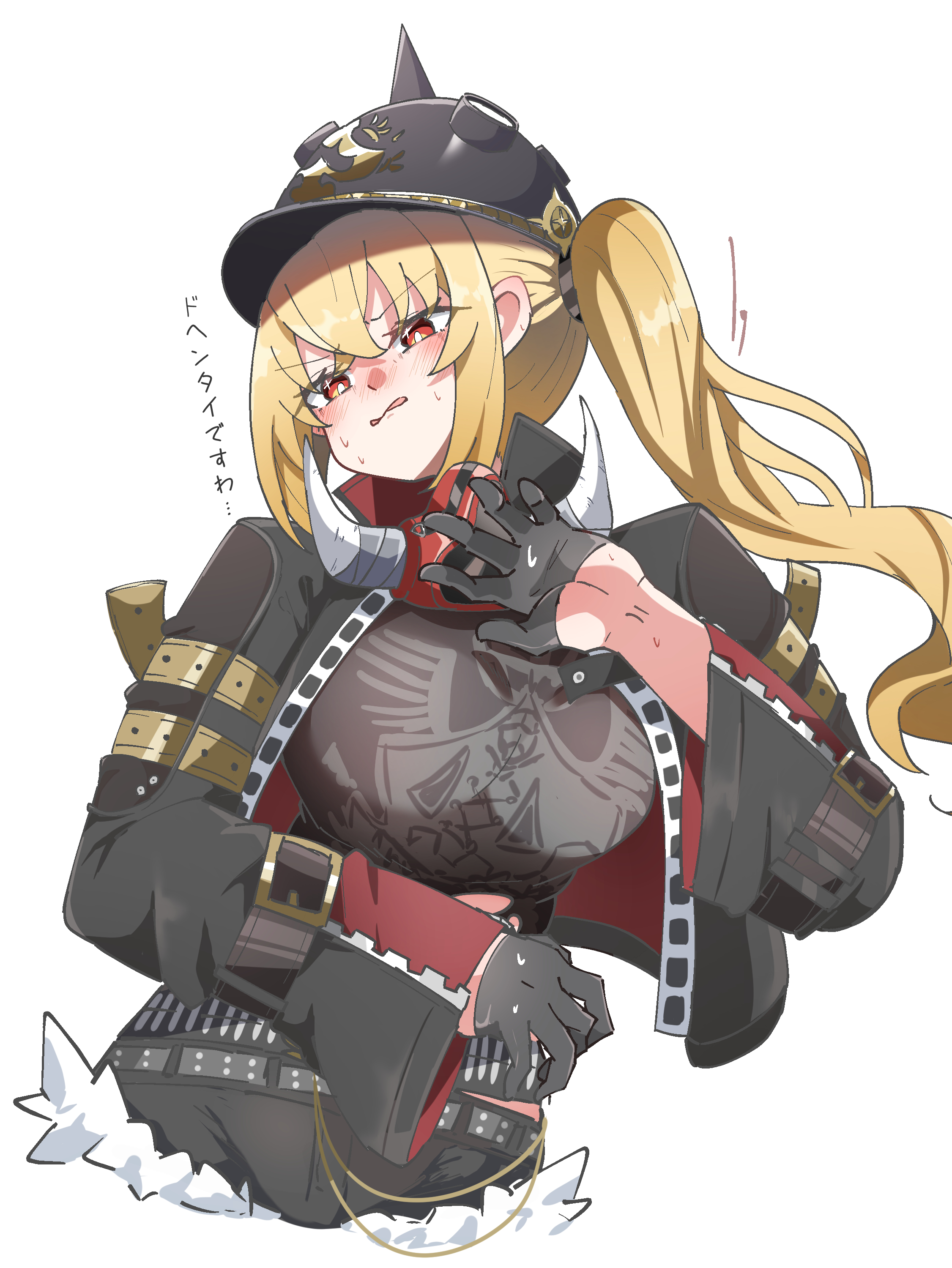 caseee999, luciana de montefio, zenless zone zero, absurdres, commentary request, highres, translation request, 1girl, alternate breast size (larger), black gloves, black helmet, black jacket, black shirt, black shorts, blush, breasts, combat helmet, crossed bangs, fur-trimmed shorts, fur trim, gloves, hair between eyes, half-closed eyes, half gloves, hand up, helmet, jacket, large breasts, long hair, mask, mask around neck, micro shorts, open clothes, open mouth, pickelhaube, red eyes, respirator, shirt, shorts, side ponytail, simple background, solo, sweat, upper body, v-shaped eyebrows, white background
