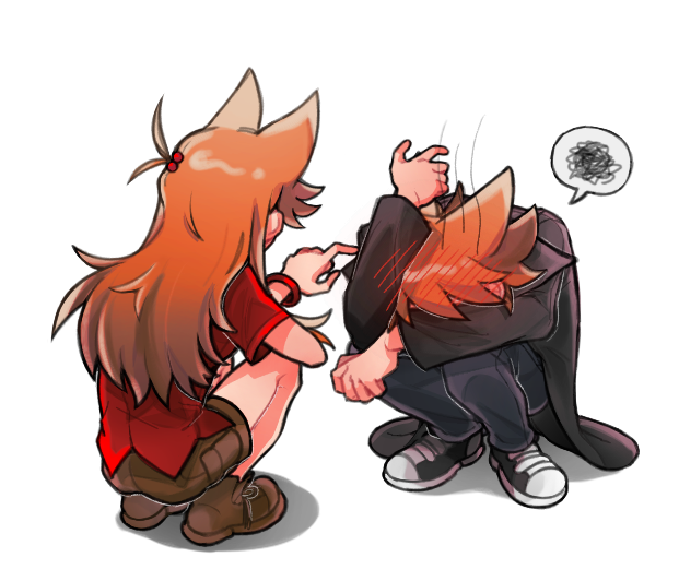 eddsworld, chinese commentary, commentary request, variant set, 1boy, 1girl, animification, black coat, black pants, blush, bracelet, brown hair, brown shoes, brown shorts, buwangchuxingaoyixin, coat, dual persona, embarrassed, from behind, genderswap, genderswap (mtf), hair bobbles, hair ears, hair ornament, jewelry, long hair, long sleeves, official alternate costume, pants, poking, red shirt, shirt, shoes, short hair, shorts, simple background, sneakers, spoken squiggle, squatting, squiggle, tord (eddsworld), tori (eddsworld), trench coat, white background