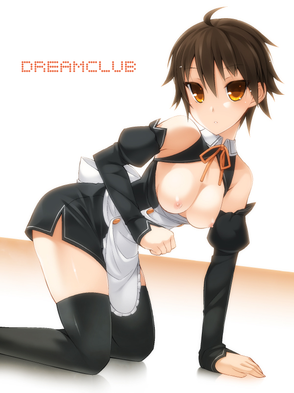 ohta yuichi, nao (dream c club), dream c club, dream c club (series), bad id, bad pixiv id, 1girl, ahoge, apron, bent over, breasts, brown hair, detached sleeves, female focus, nipples, short hair, solo, thighhighs