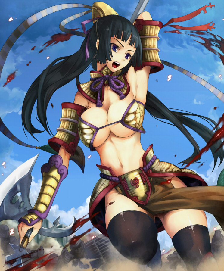 akinaie, battleline, bad id, bad pixiv id, 1girl, armor, armpits, axe, battle, bikini, bikini armor, black hair, blood, blue eyes, breasts, cleavage, cleavage cutout, clothing cutout, female focus, gauntlets, japanese armor, large breasts, long hair, navel, polearm, solo, swimsuit, thighhighs, weapon