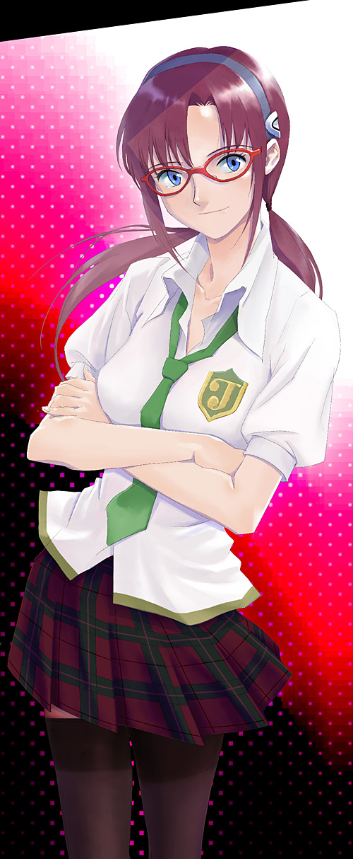 ammi, kawasemi, makinami mari illustrious, evangelion: 2.0 you can (not) advance, neon genesis evangelion, rebuild of evangelion, bad id, bad pixiv id, highres, 00s, 1girl, blue eyes, crossed arms, female focus, glasses, hairband, necktie, plaid clothes, plaid skirt, school uniform, skirt, solo, thighhighs