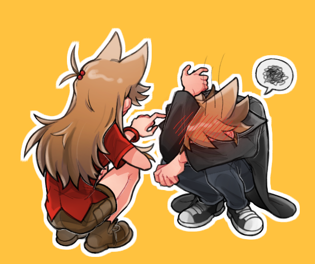 eddsworld, chinese commentary, commentary request, variant set, 1boy, 1girl, animification, black coat, black pants, blush, bracelet, brown hair, brown shoes, brown shorts, buwangchuxingaoyixin, coat, dual persona, embarrassed, from behind, genderswap, genderswap (mtf), hair bobbles, hair ears, hair ornament, jewelry, long hair, long sleeves, official alternate costume, outline, pants, poking, red shirt, shirt, shoes, short hair, shorts, simple background, sneakers, spoken squiggle, squatting, squiggle, tord (eddsworld), tori (eddsworld), trench coat, white outline, yellow background