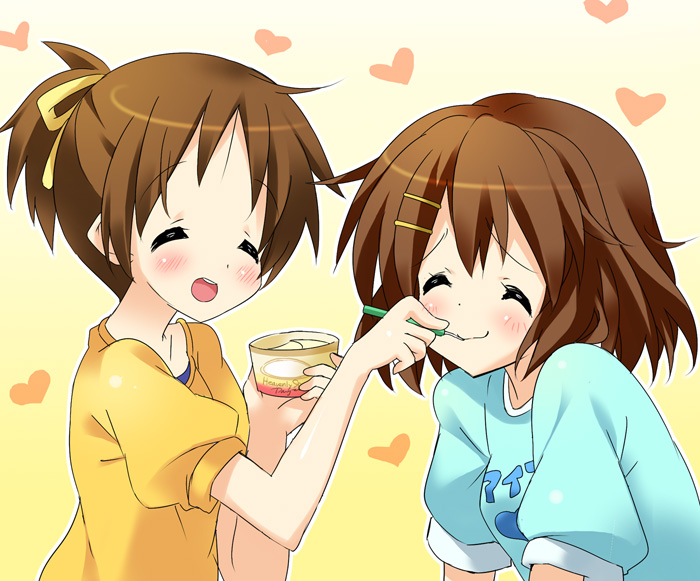 paco, hirasawa ui, hirasawa yui, k-on!, 00s, 2girls, closed eyes, feeding, food, happy, heart, ice cream, multiple girls, siblings, sisters, smile