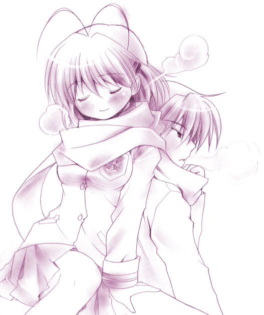 patoto, furukawa nagisa, okazaki tomoya, clannad, 00s, 1boy, 1girl, back-to-back, blush, breath, closed eyes, couple, hetero, monochrome, pleated skirt, purple theme, scarf, school uniform, shared clothes, shared scarf, skirt, smile
