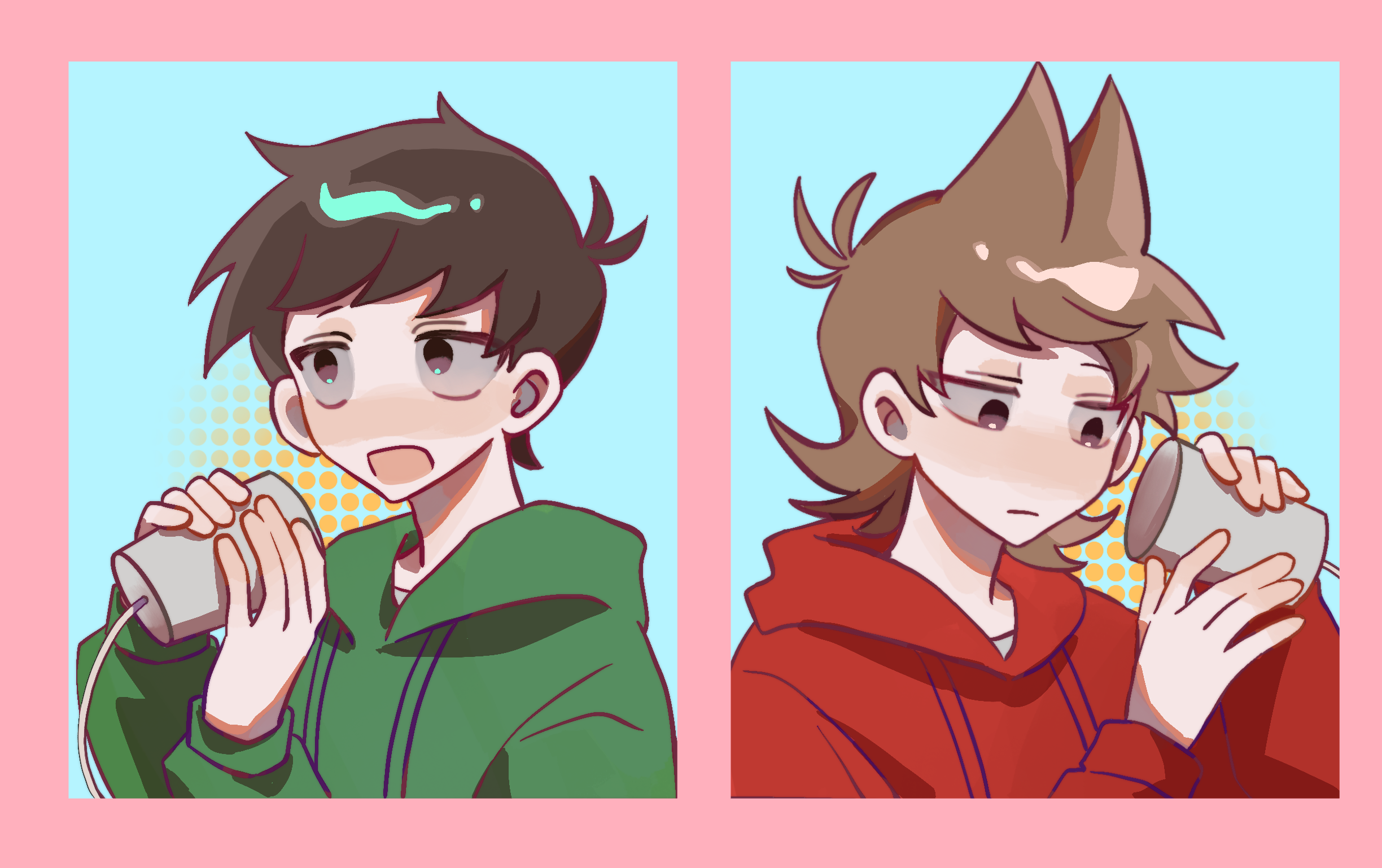 edd (eddsworld), eddsworld, chinese commentary, commentary request, highres, 2boys, animification, blue background, border, brown eyes, brown hair, duomingkafeiren, green hoodie, hair ears, holding, hood, hood down, hoodie, jitome, male focus, multiple boys, open mouth, pink border, portrait, red hoodie, sanpaku, short hair, simple background, string phone, tord (eddsworld)