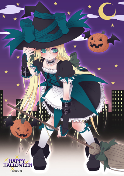 inui hiroshi, butters stotch, marjorine, south park, 00s, 1boy, 2008, animification, blonde hair, blue eyes, bow, broom, choker, city, cloud, crescent moon, crossdressing, crossdressing (mtf), dress, gothic lolita, halloween, happy halloween, hat, jack-o'-lantern, kneehighs, lolita fashion, long hair, male focus, moon, night, pumpkin, socks, solo, star (symbol), trap, witch, witch hat