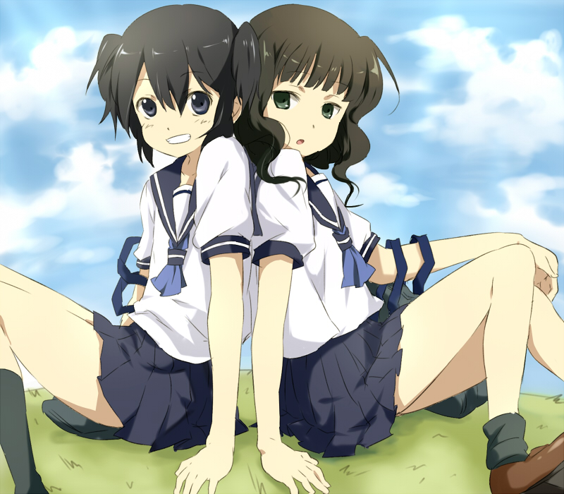 maruki (punchiki), kuroi mato, takanashi yomi, black rock shooter, bad id, bad pixiv id, 10s, 2girls, back-to-back, bag, black hair, flat chest, green eyes, legs, long hair, multiple girls, school uniform, sitting, skirt