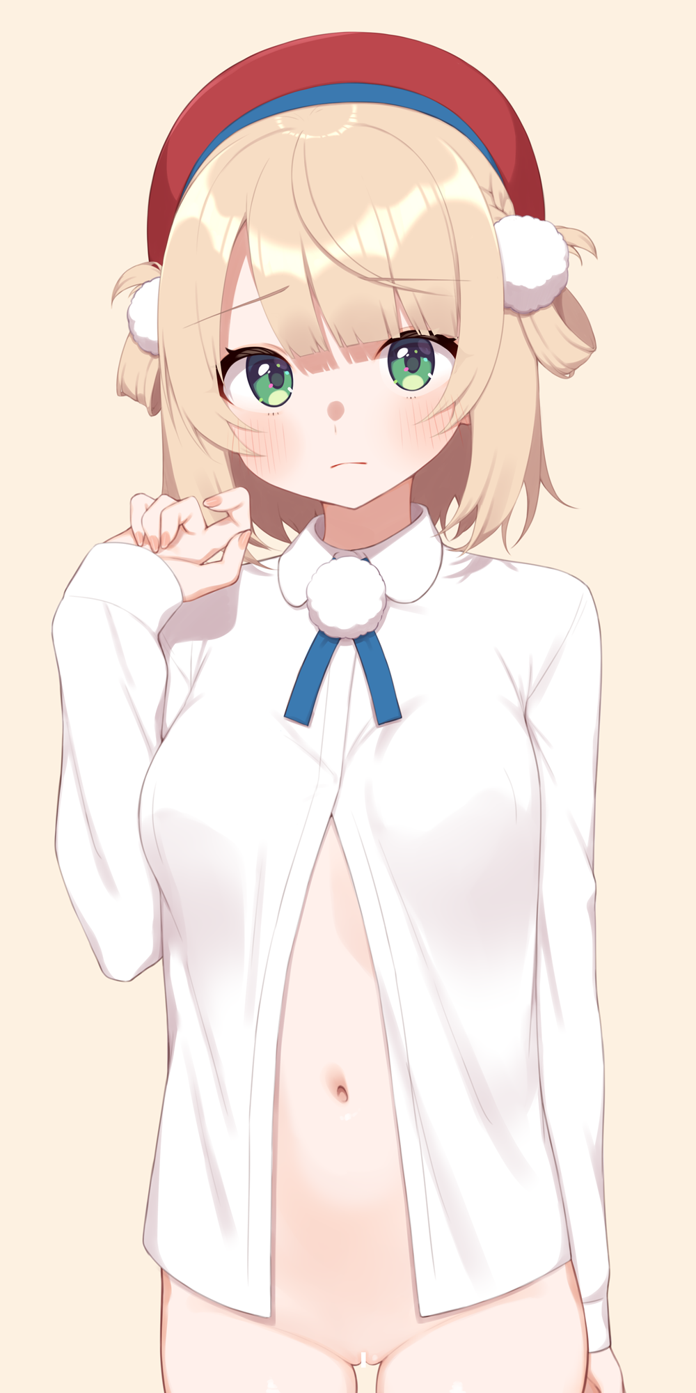 fuji yoshida, shigure ui (vtuber), indie virtual youtuber, commentary request, highres, 1girl, arm at side, bar censor, beret, blonde hair, blush, bottomless, breasts, censored, closed mouth, collared shirt, cowboy shot, frown, green eyes, hair ornament, hair rings, hand up, hat, long sleeves, navel, pom pom (clothes), pom pom hair ornament, pussy, red hat, shirt, short hair, simple background, sleeves past wrists, small breasts, solo, virtual youtuber, white shirt, yellow background