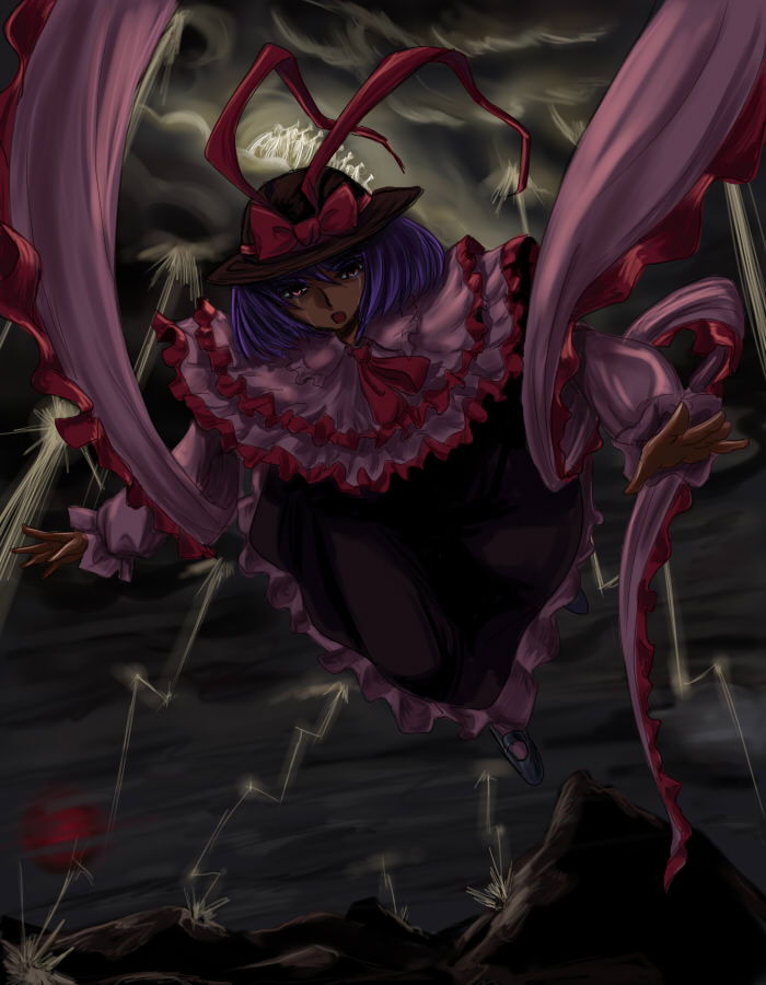 flx, nagae iku, touhou, 1girl, cloud, female focus, hat, lightning, moon, outdoors, purple hair, red eyes, red moon, ribbon, short hair, sky, solo, storm, tears