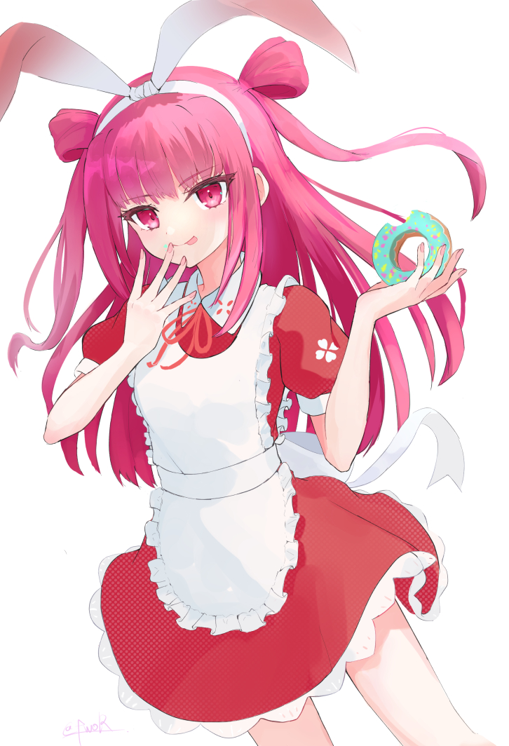 reinoni, umegiri ameto, beatmania iidx, beatmania iidx 19 lincle, bemani, commentary request, 1girl, apron, bow, cowboy shot, donut, dress, food, hairband, holding, holding donut, holding food, licking lips, long hair, looking at viewer, neck ribbon, official alternate costume, pink eyes, pink hair, red dress, ribbon, solo, sprinkles, standing, tongue, tongue out, two side up, white apron, white bow, white hairband