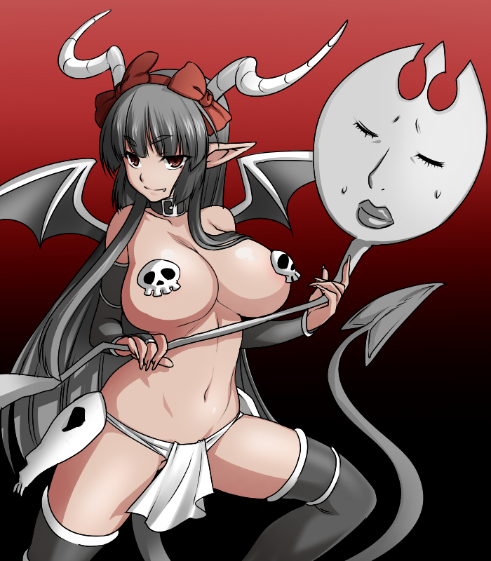 695 (mukuko), bad id, bad pixiv id, 1girl, bat wings, breasts, choker, demon girl, fang, female focus, fundoshi, horns, japanese clothes, large breasts, long hair, navel, pasties, pointy ears, skull, solo, spork, tail, thighhighs, topless female, wings