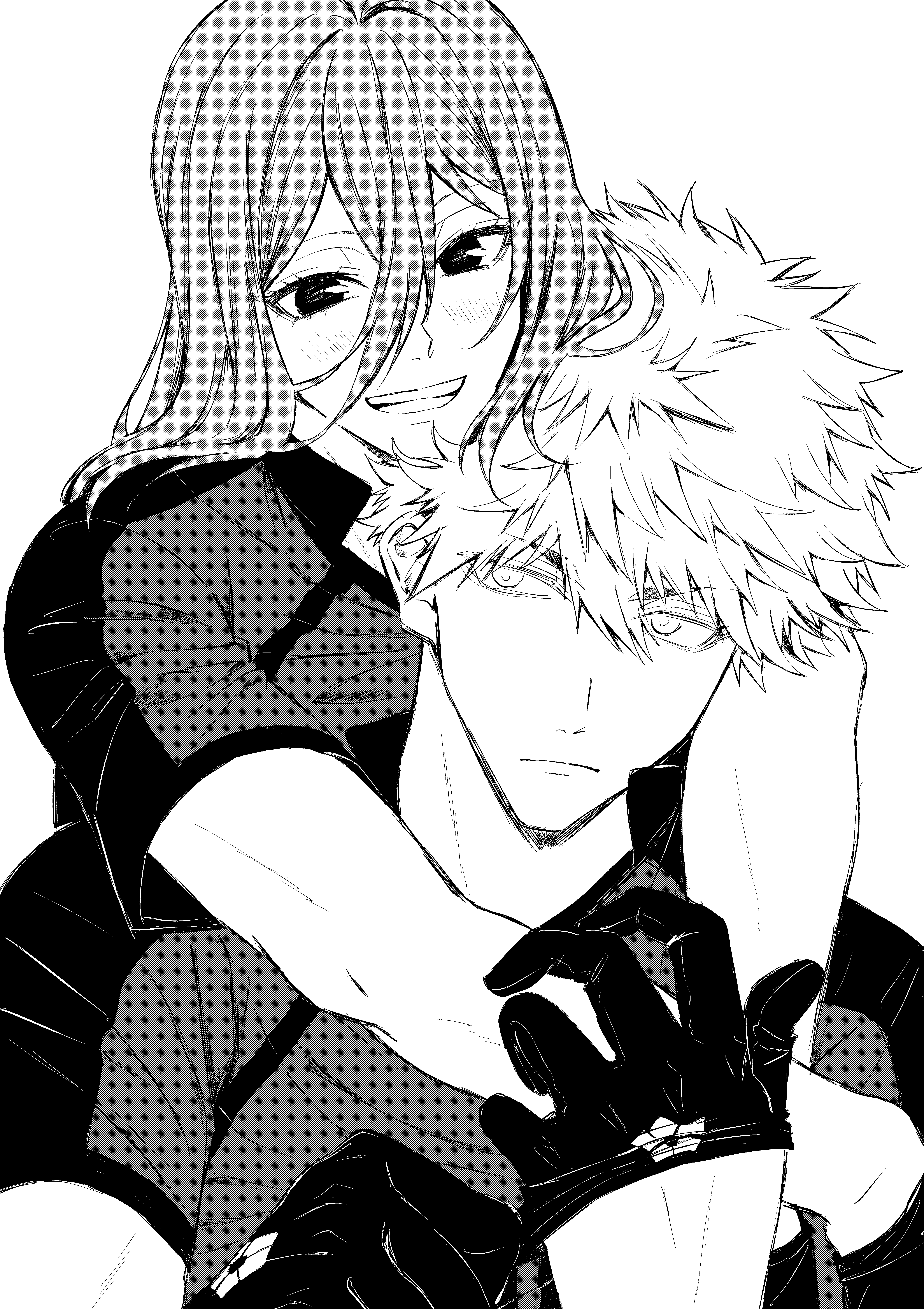 chigiri hyoma, kunigami rensuke, blue lock, absurdres, commentary request, highres, 2boys, adjusting clothes, adjusting gloves, blush, closed mouth, gloves, greyscale, grin, hair between eyes, hug, hug from behind, long hair, looking at another, looking at viewer, male focus, mirenyan x, monochrome, multiple boys, short hair, short sleeves, simple background, smile, soccer uniform, sportswear, white background