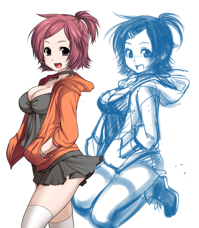 695 (mukuko), bad id, bad pixiv id, breasts, cleavage, hair ornament, hairclip, hands in pockets, hood, hoodie, large breasts, miniskirt, side ponytail, sketch, skirt, thighhighs