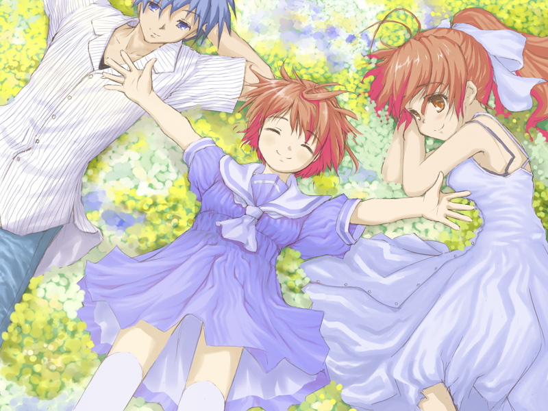 satou takeshi, furukawa nagisa, okazaki tomoya, okazaki ushio, clannad, 00s, 1boy, 2girls, antenna hair, closed eyes, dress, husband and wife, lying, multiple girls, ponytail, sailor dress, smile, sundress