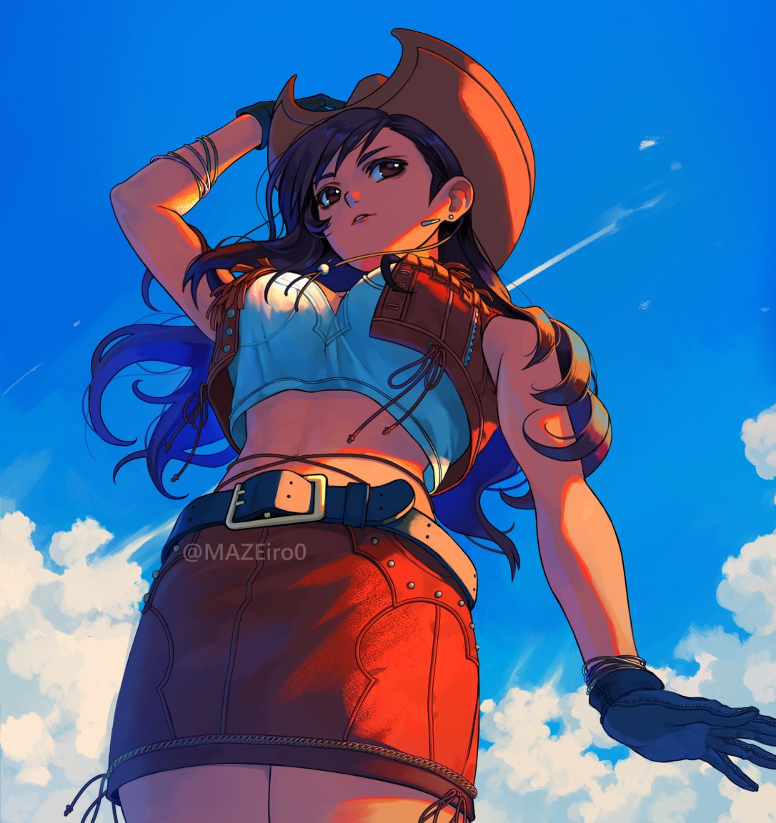 maze draws, tifa lockhart, tifa lockhart (cowgirl), final fantasy, final fantasy vii, final fantasy vii remake, commentary, english commentary, belt buckle, black gloves, black hair, blue sky, breasts, brown eyes, brown hat, brown skirt, buckle, cowboy hat, cowboy shot, crop top, fringe trim, gloves, hand on headwear, hat, leather, leather skirt, leather vest, long hair, medium breasts, midriff, miniskirt, official alternate costume, parted lips, shirt, skirt, sky, twitter username, vest, white shirt