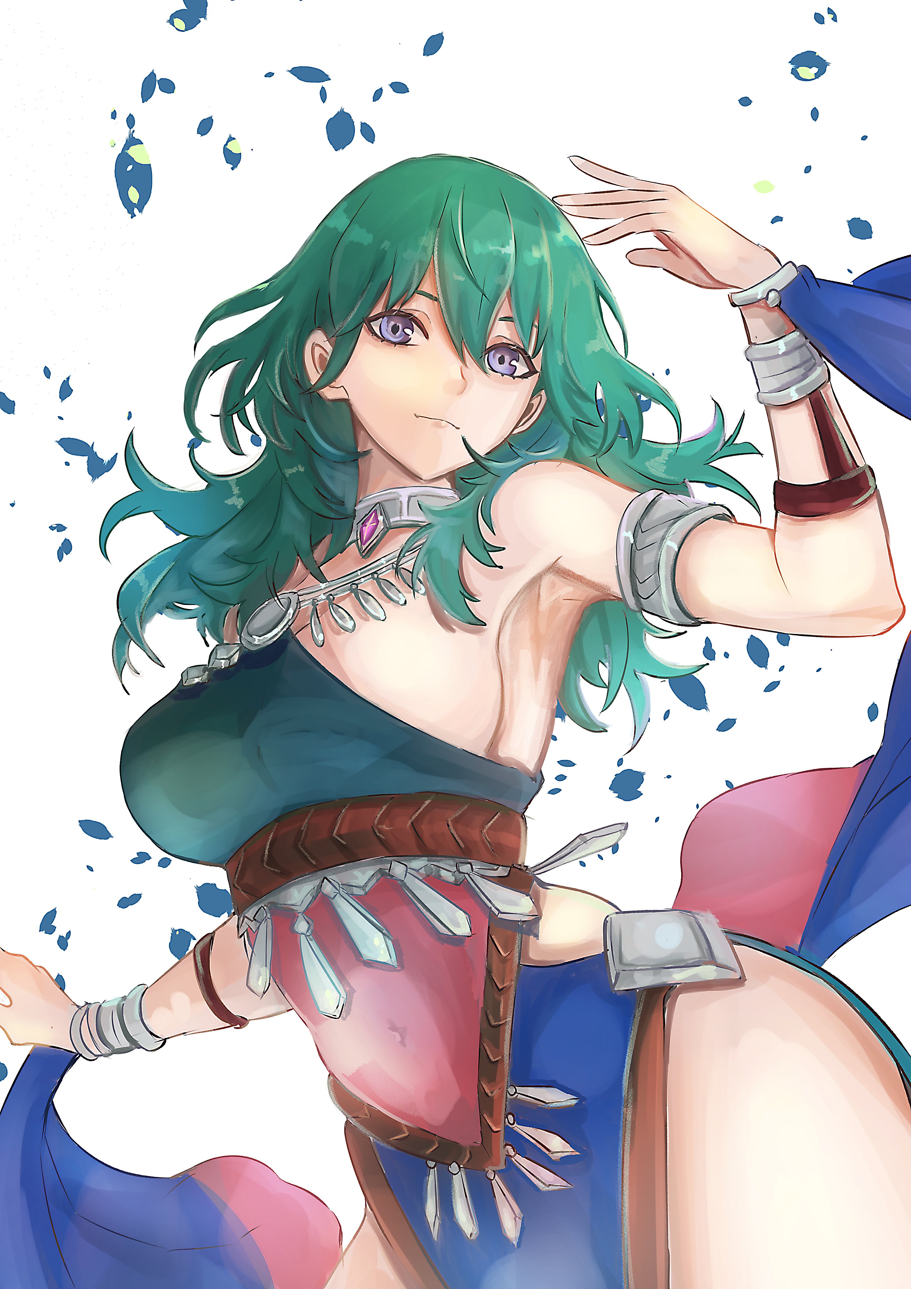 female byleth (fire emblem), fire emblem, fire emblem: three houses, nintendo, absurdres, commentary request, highres, 1girl, alternate costume, armlet, armpits, bare arms, bare shoulders, blue eyes, blue petals, blue sky, breasts, closed mouth, cowboy shot, dancer, dancer (fire emblem: three houses), dancing, falling petals, green hair, hair between eyes, jewelry, large breasts, light smile, long hair, looking at viewer, pelvic curtain, petals, rino han, sideboob, silver armlet, silver choker, silver trim, sky, smile, solo, thick thighs, thighs, white background