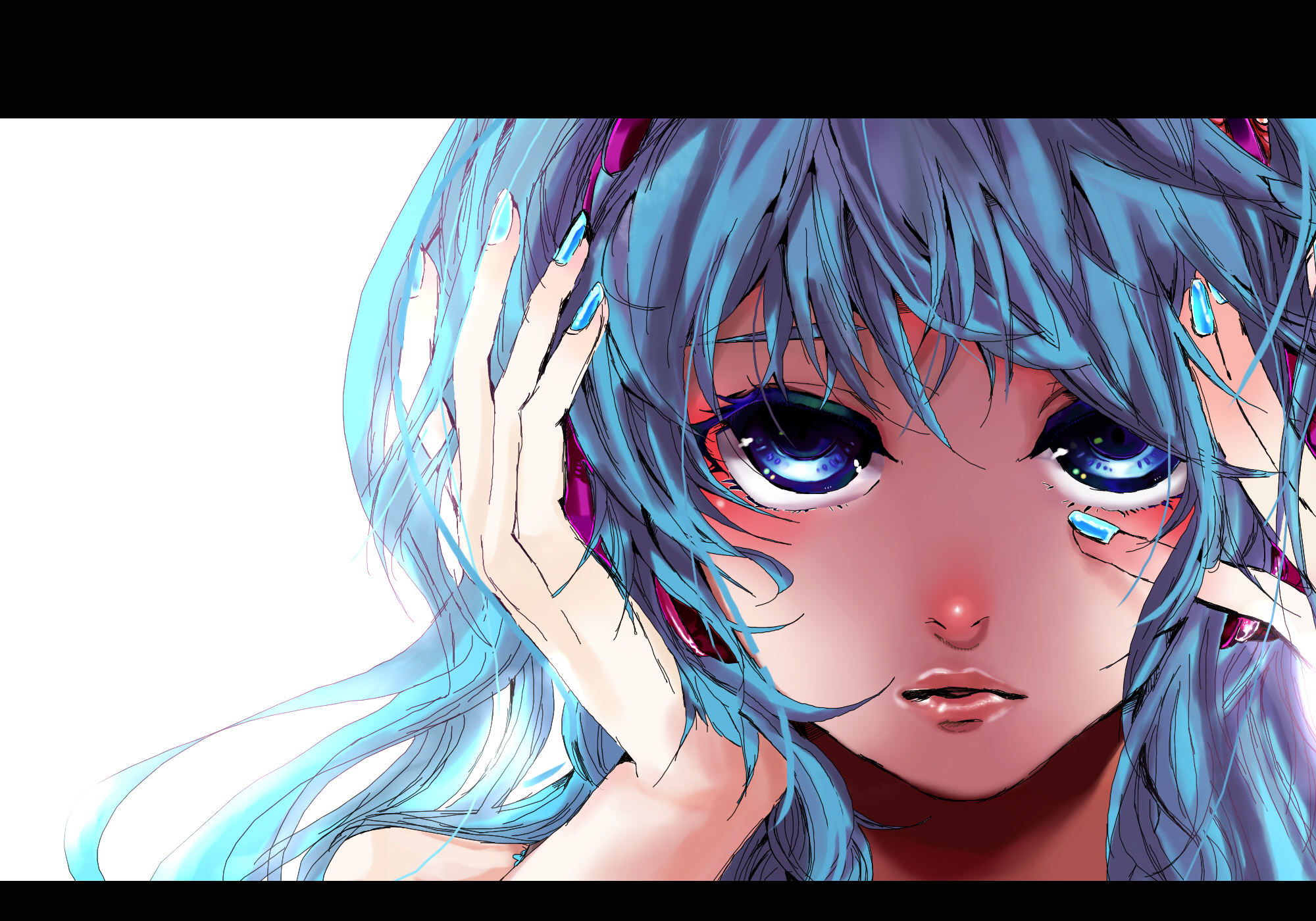 akiakane, hatsune miku, migikata no chou (vocaloid), vocaloid, derivative work, highres, tagme, 1girl, arms up, bare shoulders, blue eyes, blue hair, blue nails, close-up, expressionless, face focus, facing viewer, female focus, hair between eyes, headphones, headset, letterboxed, lips, lipstick, long hair, looking at viewer, makeup, nail polish, simple background, solo, twintails, white background