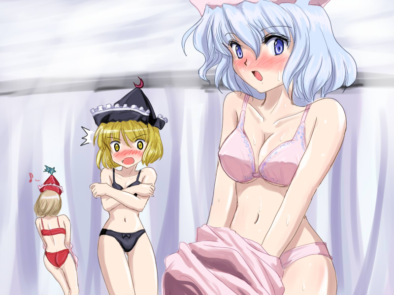 flx, lunasa prismriver, lyrica prismriver, merlin prismriver, touhou, 3girls, blonde hair, blue eyes, blue hair, blush, bra, brown hair, covering privates, female focus, hat, lingerie, multiple girls, musical note, panties, short hair, siblings, sisters, surprised, sweat, underwear, underwear only, yellow eyes