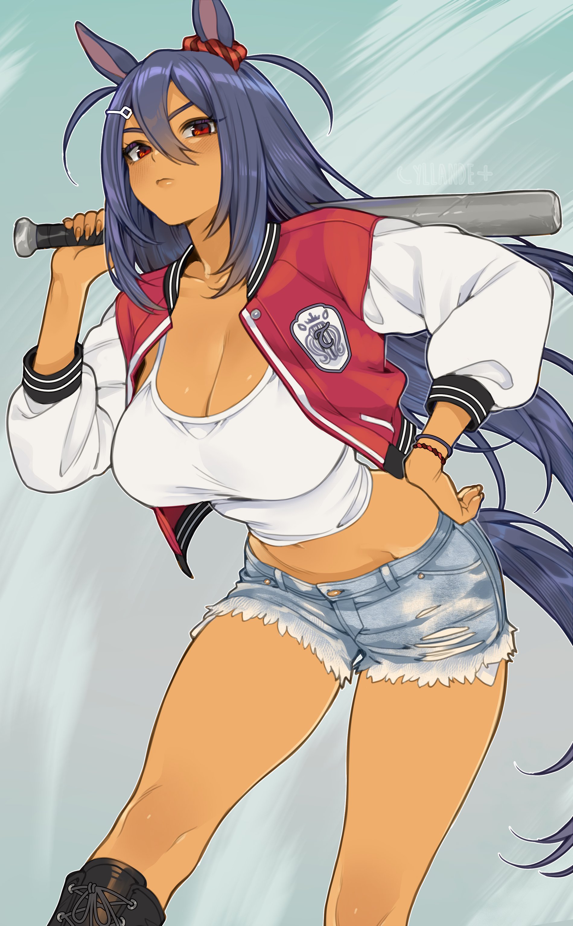 yiiande, hishi amazon (umamusume), umamusume, absurdres, commentary, highres, 1girl, animal ears, baseball bat, black hair, breasts, cleavage, closed mouth, dark-skinned female, dark skin, holding, holding baseball bat, horse ears, horse girl, horse tail, jacket, large breasts, long hair, long sleeves, looking at viewer, midriff, navel, open clothes, open jacket, red eyes, short shorts, shorts, solo, tail, two side up