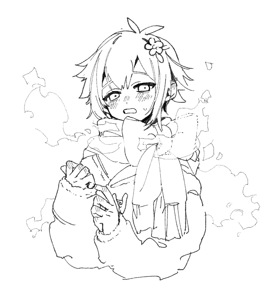usagi uma te mu, basil (faraway) (omori), basil (omori), omori, commentary request, 1boy, antenna hair, blush, coat, double-parted bangs, flower, greyscale, hair between eyes, hair flower, hair ornament, long sleeves, looking at viewer, monochrome, open mouth, scarf, short hair, sidelocks, simple background, sketch, solo, sweatdrop, upper body