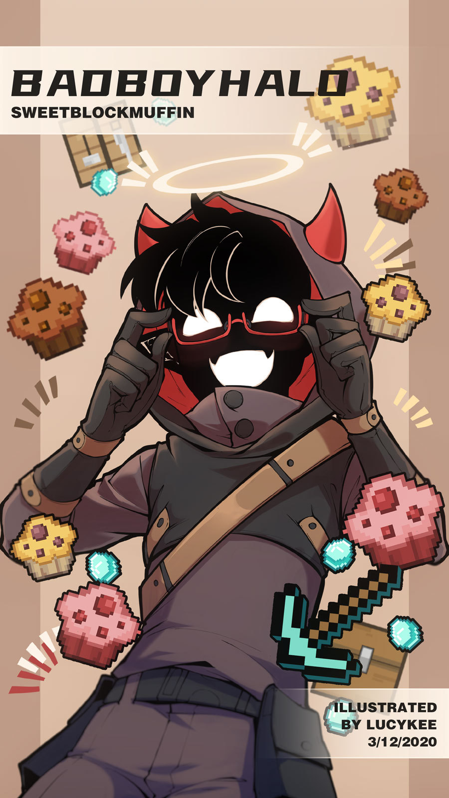 lucylee158, minecraft, minecraft youtube, commentary, english commentary, highres, 1boy, adapted costume, animification, badboyhalo, bespectacled, black hair, black hoodie, black skin, blank eyes, character name, colored skin, crafting table (minecraft), demon boy, demon horns, diamond (minecraft), english text, food, glasses, halo, happy, hood, hood up, hoodie, horns, long sleeves, looking at viewer, male focus, minecraft pickaxe, monster boy, muffin, open mouth, pickaxe, red-framed eyewear, short hair, shoulder strap, smile, solo